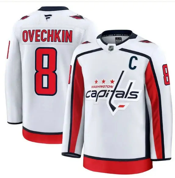 White Alexander Ovechkin Washington Capitals 50th anniversary premium hockey jersey with red and blue accents
