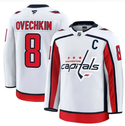 White Alexander Ovechkin Washington Capitals 50th anniversary premium hockey jersey with red and blue accents