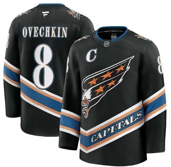 Black Alexander Ovechkin Washington Capitals premium jersey with Ovechkin’s name and number 8