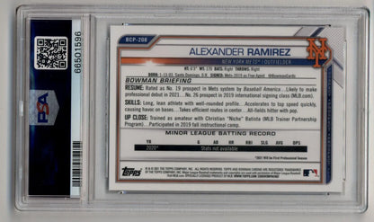 Baseball card of Alexander Ramirez in protective case showcasing Bowman Chrome Prospects Gold Shimmer