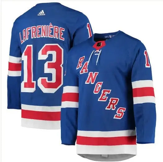 Two blue New York Rangers hockey jerseys with red and white stripes displayed for Alexis Lafreniere jersey