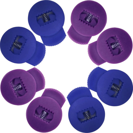 Circular purple and blue glove lace locks for baseball gloves, easy knot-free fitting