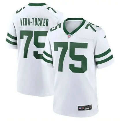 White York Jets Nike game jersey with green stripes and number 75 for Alijah Vera-Tucker