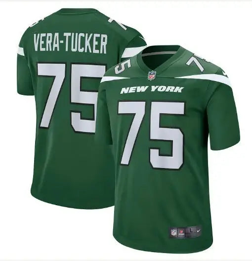 Two green Jets Nike Legacy football jerseys with white numbers and names