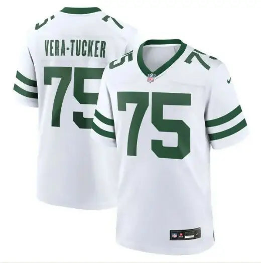 White NFL jersey with green stripes and numbers featuring Alijah Vera-Tucker jets Nike logo