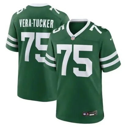 Two green New York Jets Nike team game jerseys with white numbers and stripes
