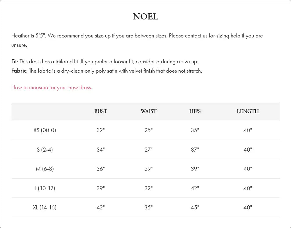 Dress size chart with fit and fabric details for All American Paris Bloom Noel poly satin party dress
