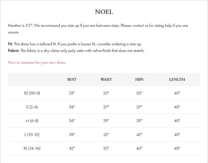 Dress size chart with fit and fabric details for All American Paris Bloom Noel poly satin party dress