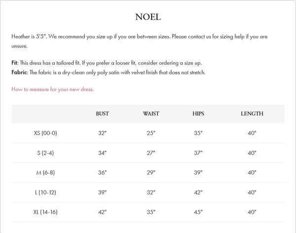 Dress size chart with fit and fabric details for All American Paris Bloom Noel poly satin party dress