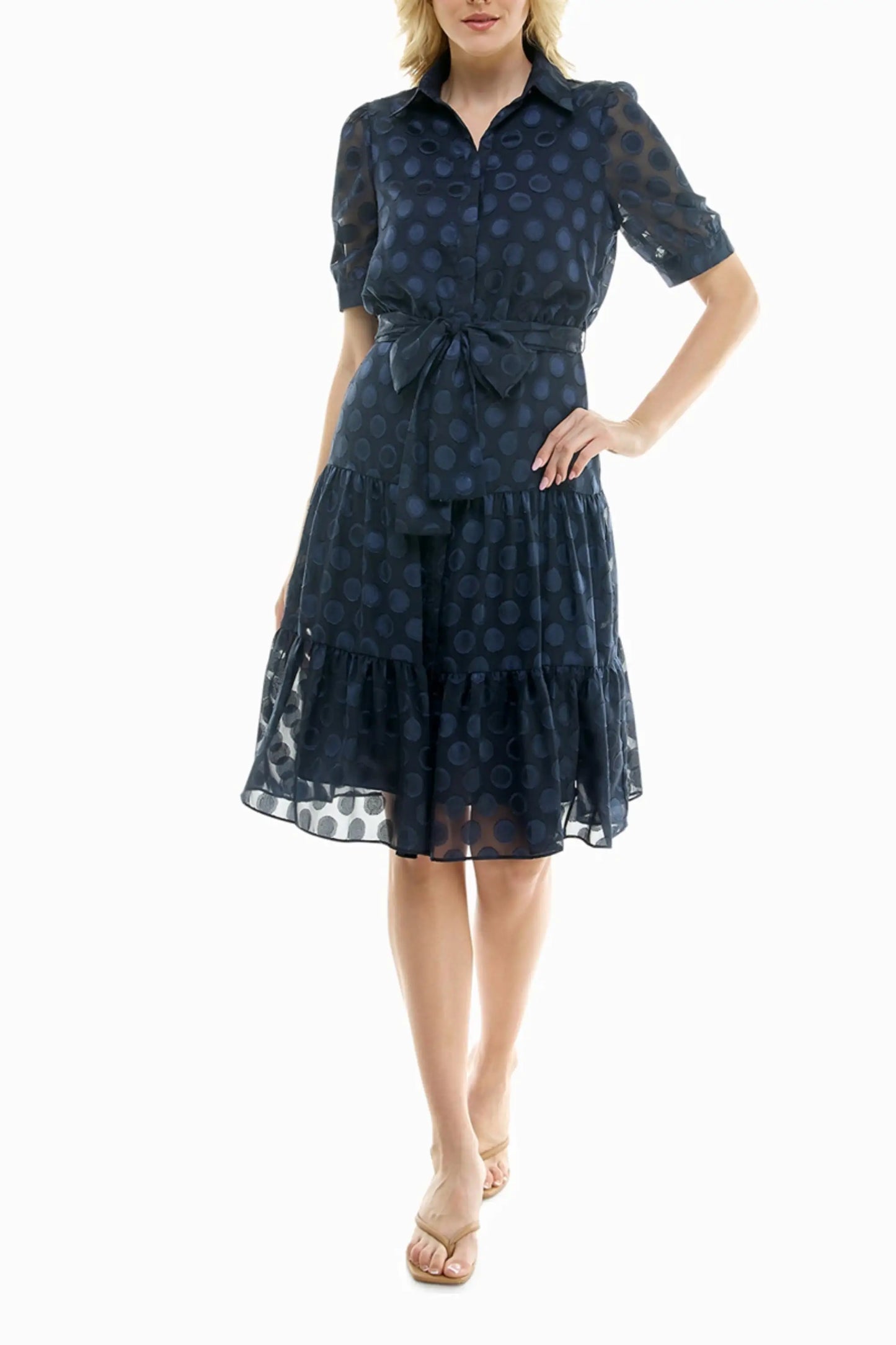 Nicole Miller navy blue polka dot tiered midi dress with tie waist and short sleeves