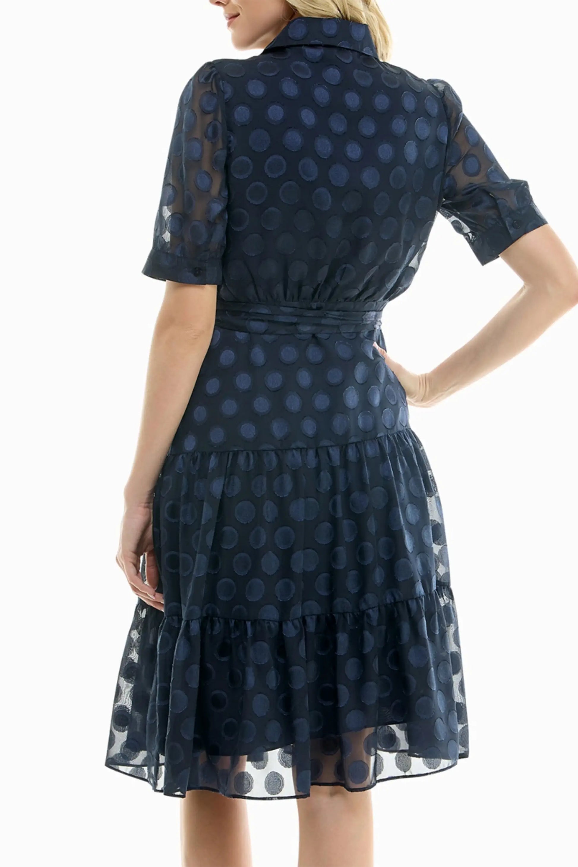 Nicole Miller navy polka dot midi dress with tiered skirt and collared neckline
