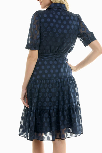 Nicole Miller navy polka dot midi dress with tiered skirt and collared neckline