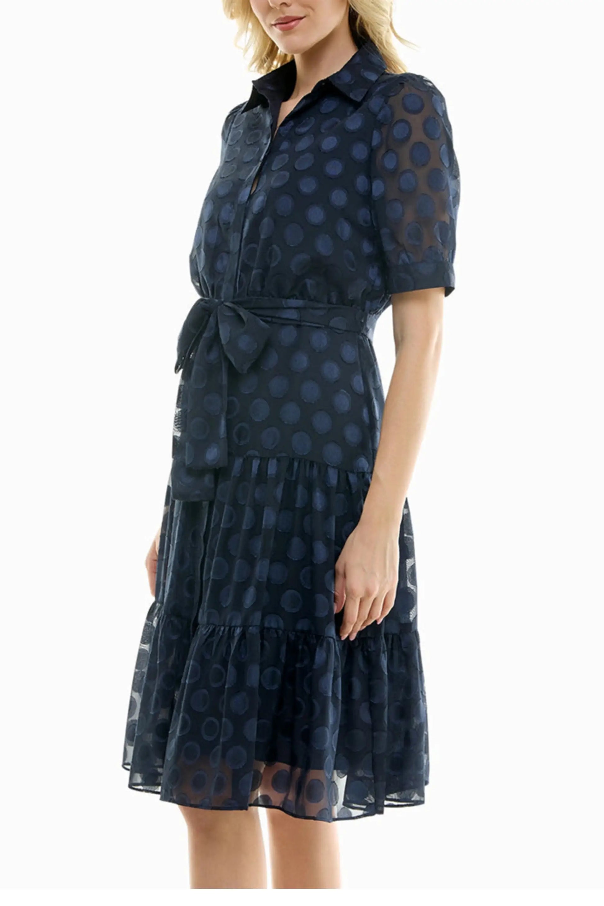 Nicole Miller navy polka dot shirt dress with tied waist and short sleeves for women