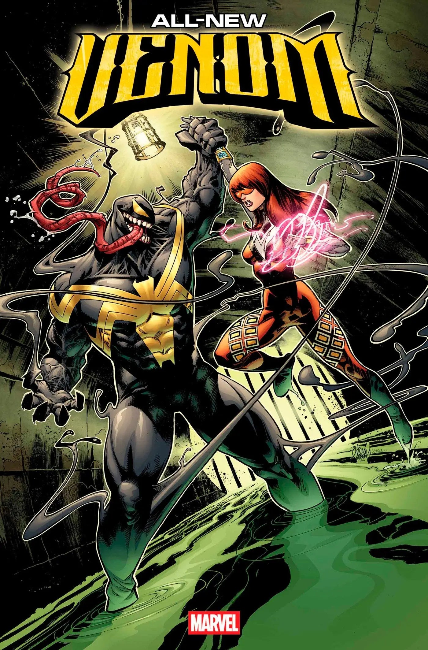 Comic book cover of All-New Venom featuring Venom War battle scene