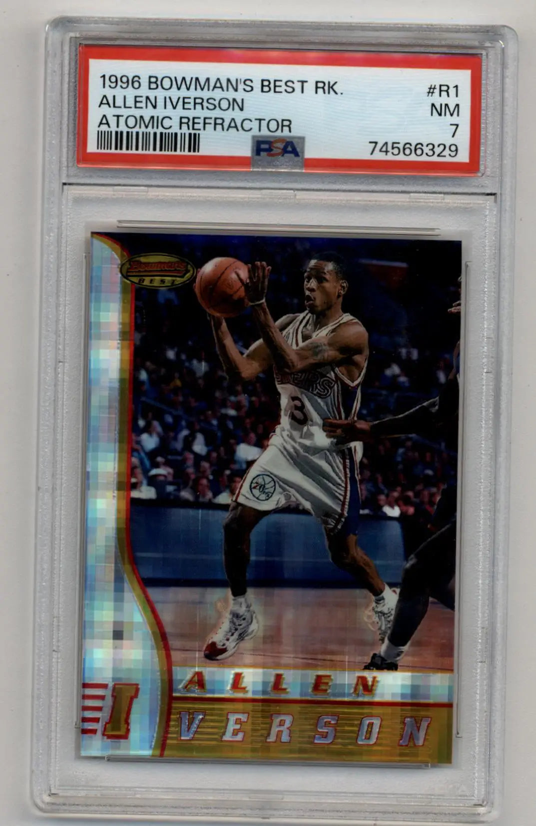Allen Iverson 1996 Bowman’s Best Atomic Refractor rookie card PSA 7 Near Mint