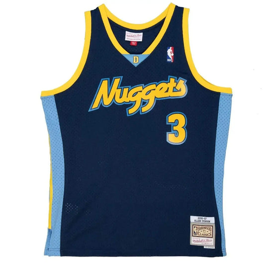Blue and yellow Allen Iverson Denver Nuggets alternate swingman jersey display