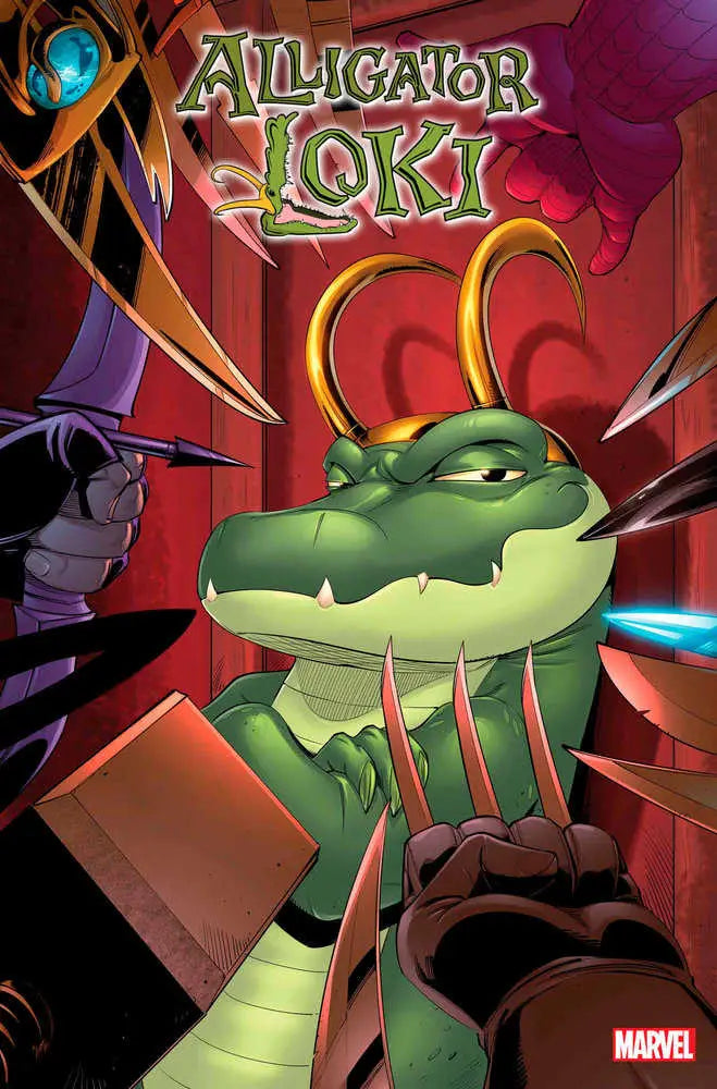Green Alligator Loki with glowing eyes and mischievous grin for trading cards