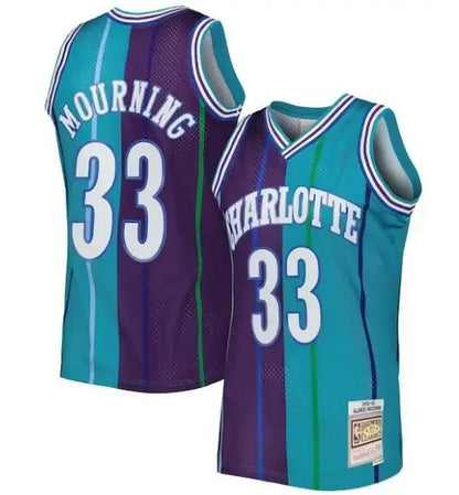 Teal and purple Alonzo Mourning Charlotte Hornets 1992/93 jersey with number 33