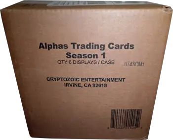 Cardboard box labeled Alphas Trading Cards Season 1 from Cryptozoic Entertainment factory sealed