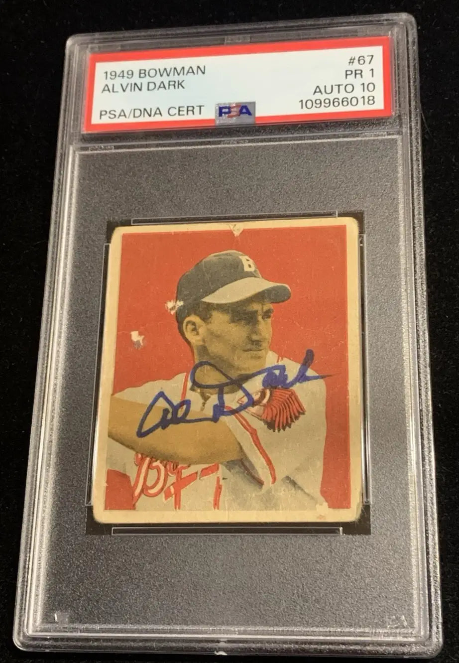 Autographed 1949 Bowman Alvin Dark baseball card graded by PSA featuring New York Giants player