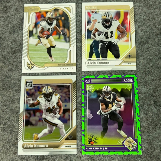 Four Alvin Kamara New Orleans Saints football trading cards in a pick set