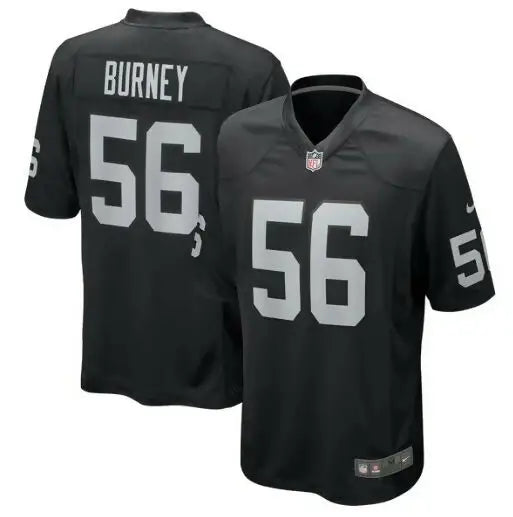Two black Las Vegas Raiders Amari Burney jerseys with number 56 on display