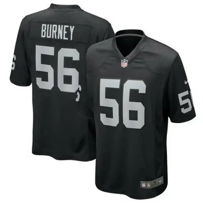 Two black Las Vegas Raiders Amari Burney jerseys with number 56 on display
