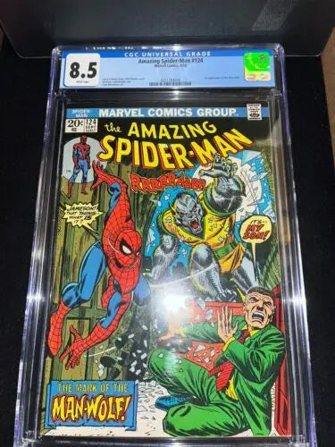 Graded Amazing Spider-Man #124 comic book CGC 8.5 showcasing 1st App of the Man-Wolf