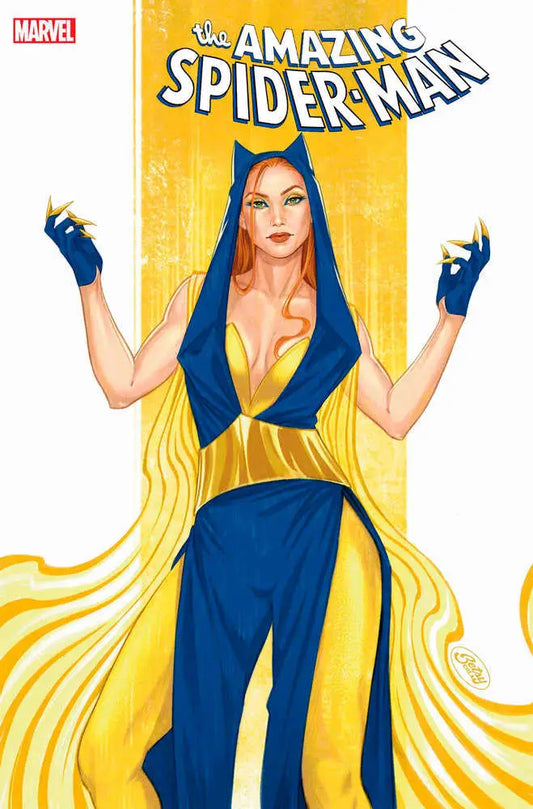 Comic book cover of Amazing Spider-Man 30 with blue and yellow hooded figure artwork