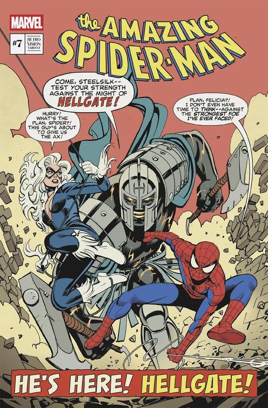 Comic book cover of Spider-Man and Black Cat battling Hellgate from Leo Romero Retrovision Variant