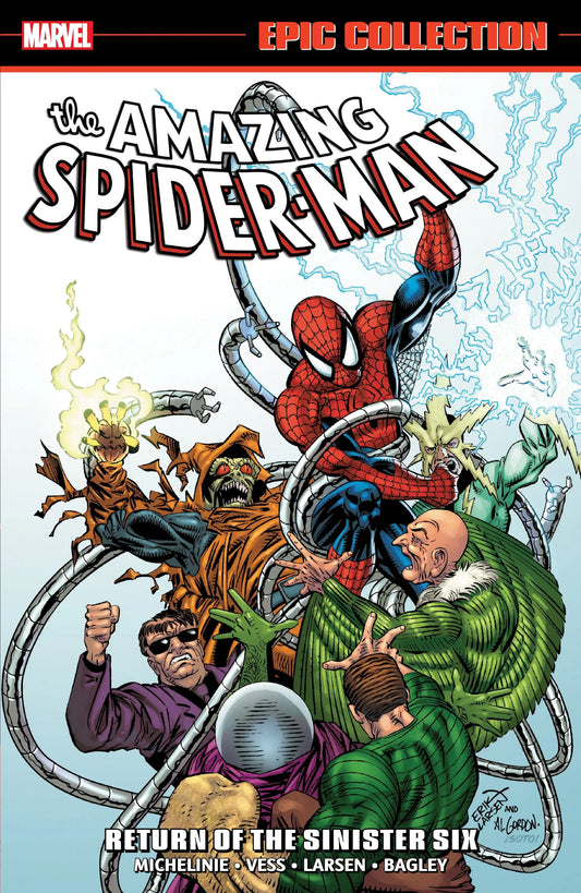 Comic book cover of Amazing Spider-Man battling Sinister Six villains in dynamic action