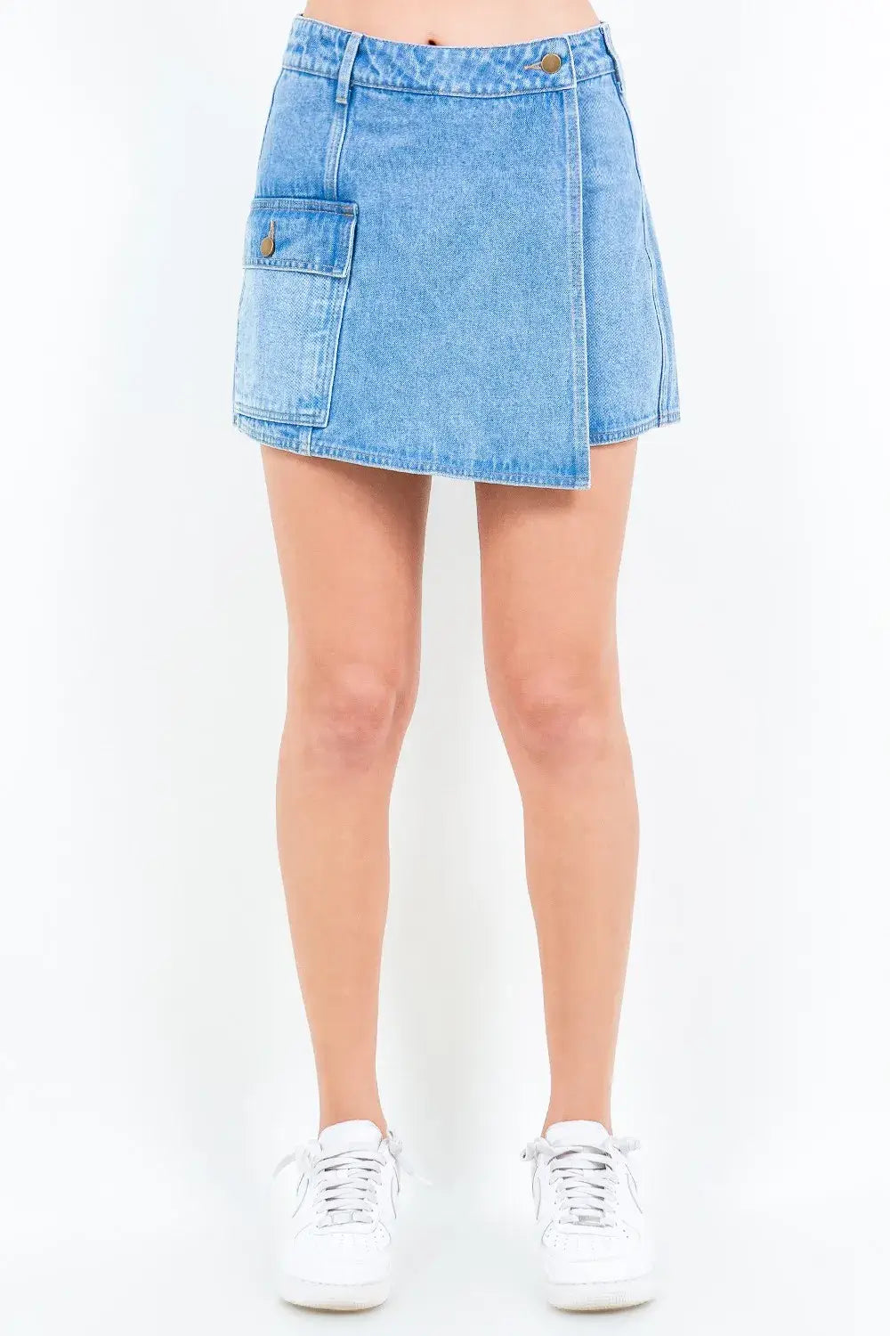 Light blue American Bazi Cargo Pocket Denim Skort with mini length and side pocket