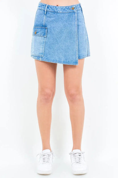 Light blue American Bazi Cargo Pocket Denim Skort with mini length and side pocket