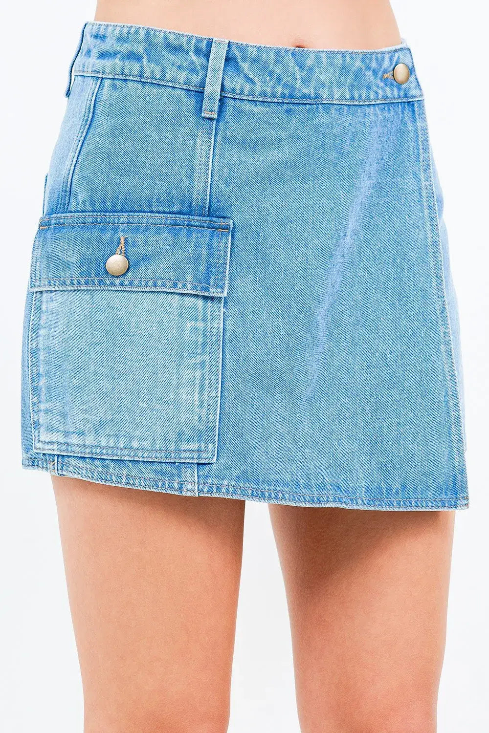 Light blue American Bazi Cargo Pocket Denim Skort with mini length and button closure