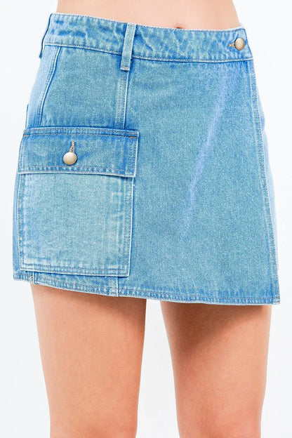 Light blue American Bazi Cargo Pocket Denim Skort with mini length and button closure