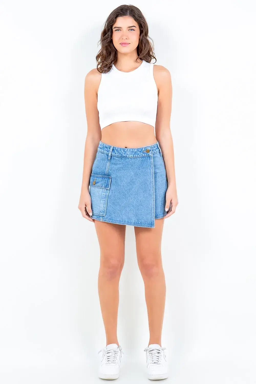 American Bazi Cargo Pocket Denim Skort with mini length and stylish patch pockets