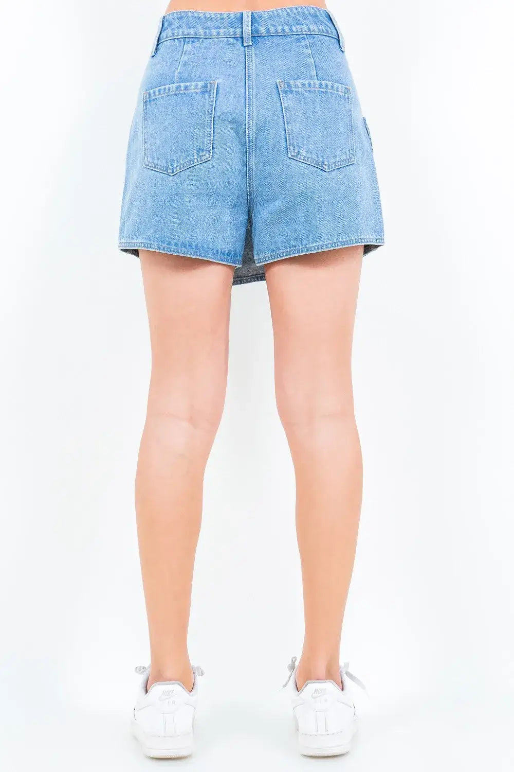 Light blue high-waist denim shorts with cargo pockets, mini length, American Bazi Skort