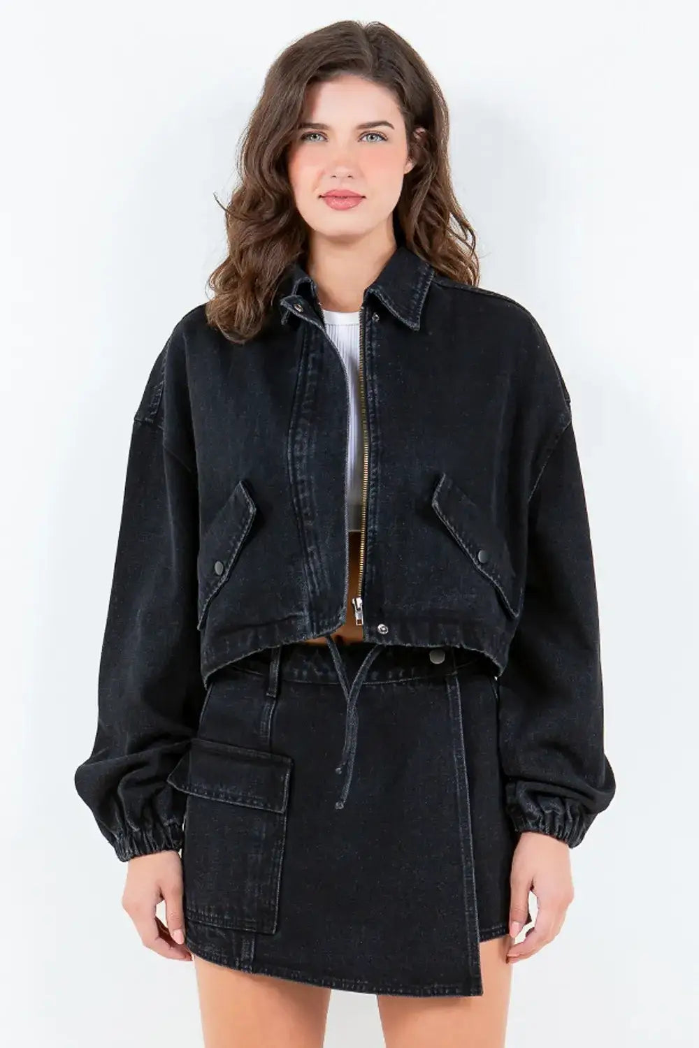 American Bazi Drawstring Waist Crop Denim Jacket - Black / S