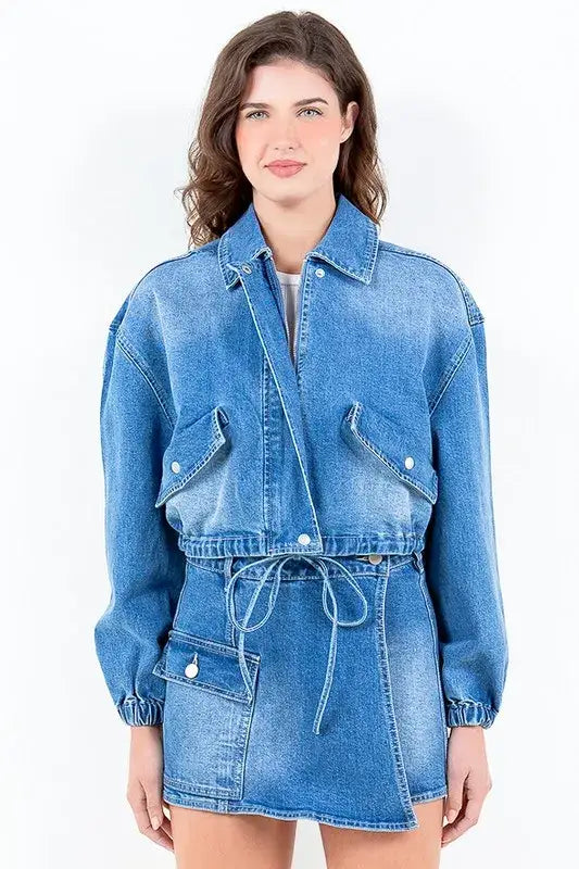 American Bazi Full Size Drop Shoulder Cropped Denim Jacket with Waist Strap Plus Size - Blue / S