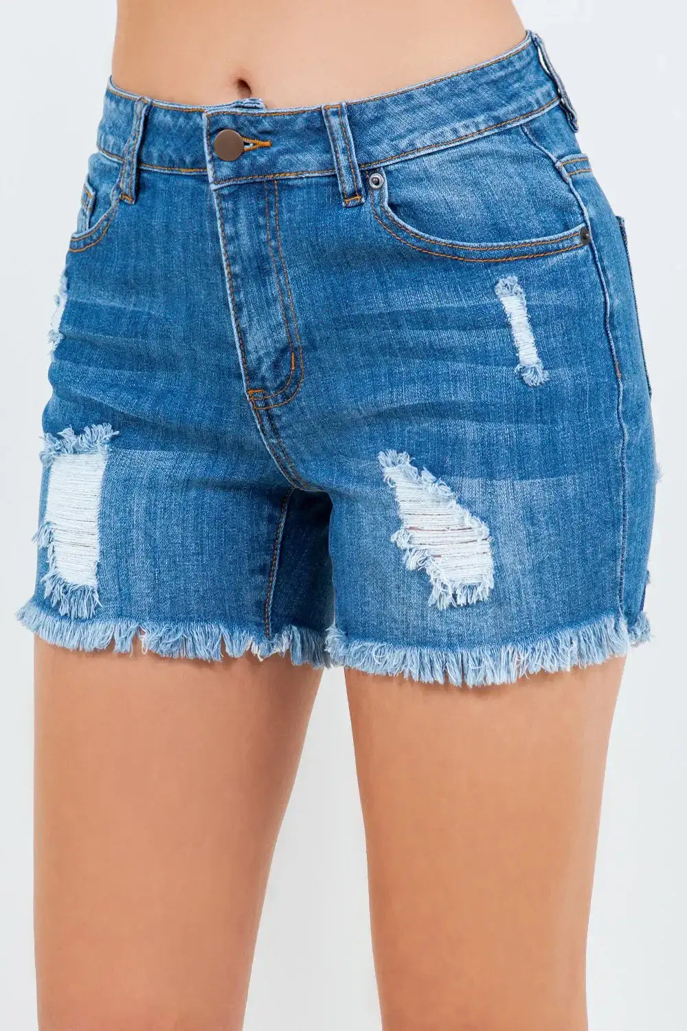American Bazi high waist distressed denim shorts with frayed hems for stylish summer wear