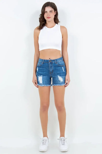 Women’s white sleeveless crop top with American Bazi high waist distressed frayed denim shorts