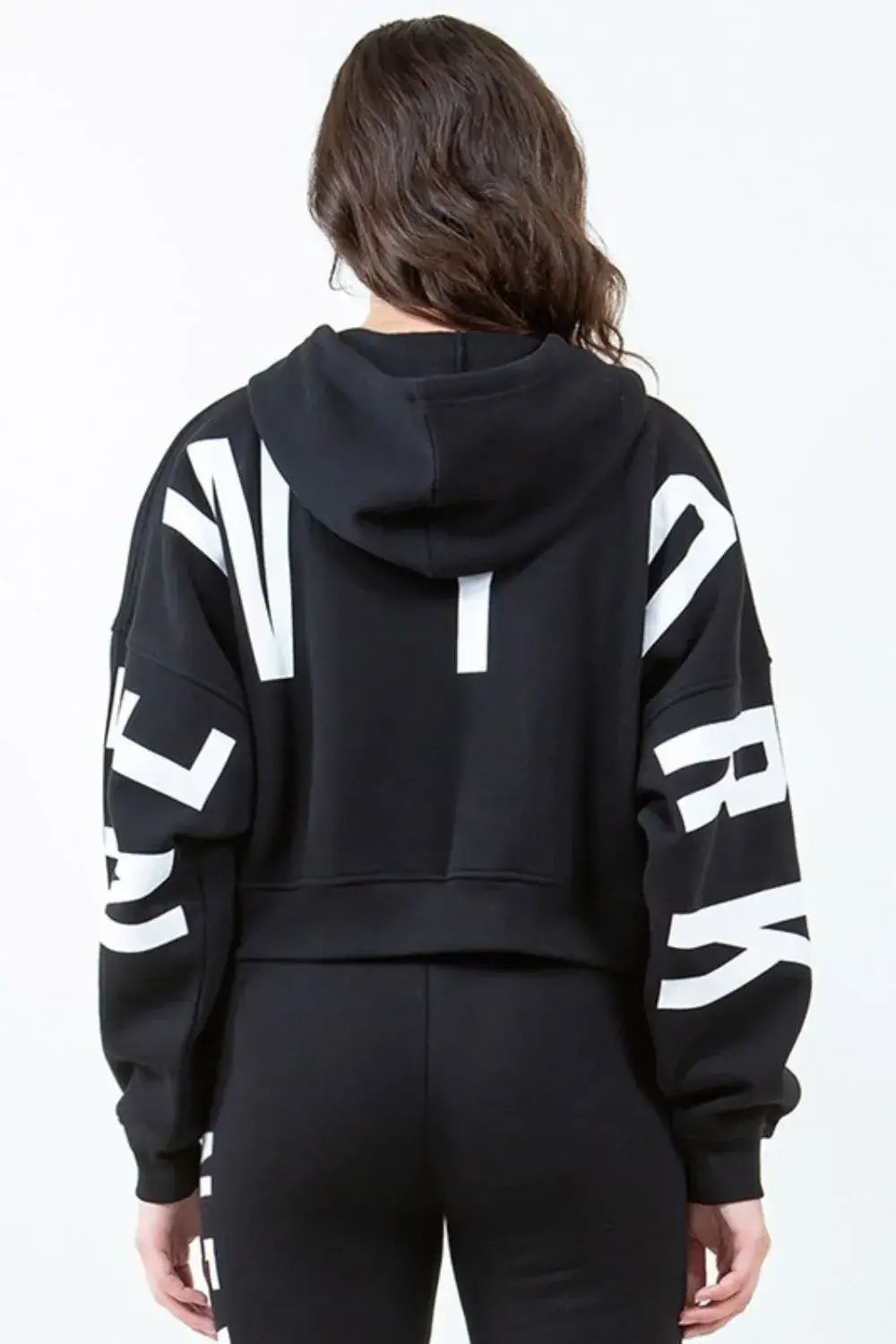 American Bazi Letter Graphic Long Sleeve Drawstring Cropped Hoodie - Black / S