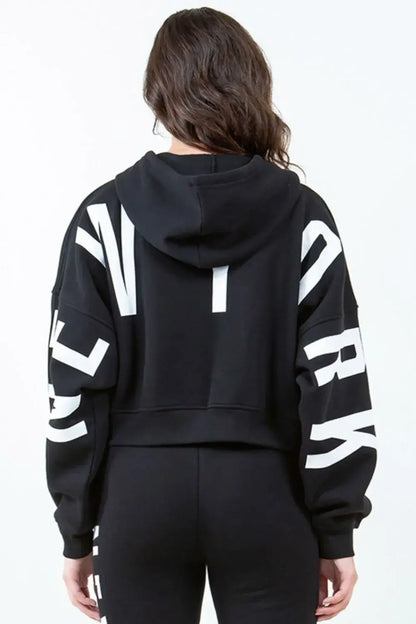 American Bazi Letter Graphic Long Sleeve Drawstring Cropped Hoodie - Black / S
