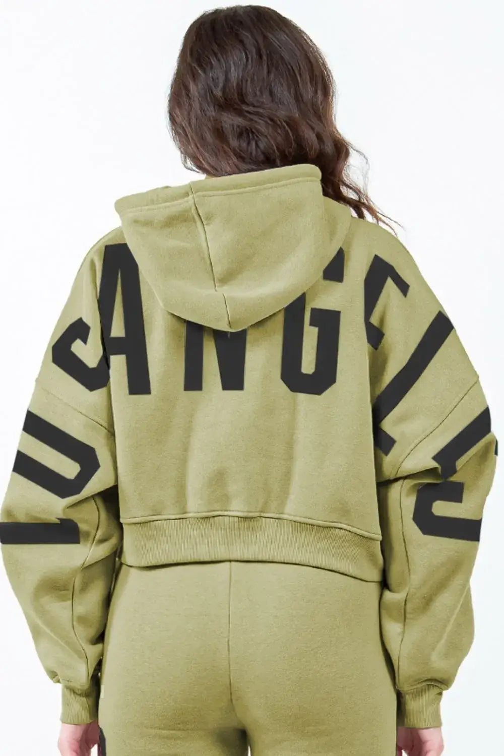 American Bazi Letter Graphic Long Sleeve Drawstring Cropped Hoodie - Yellow-Green / S
