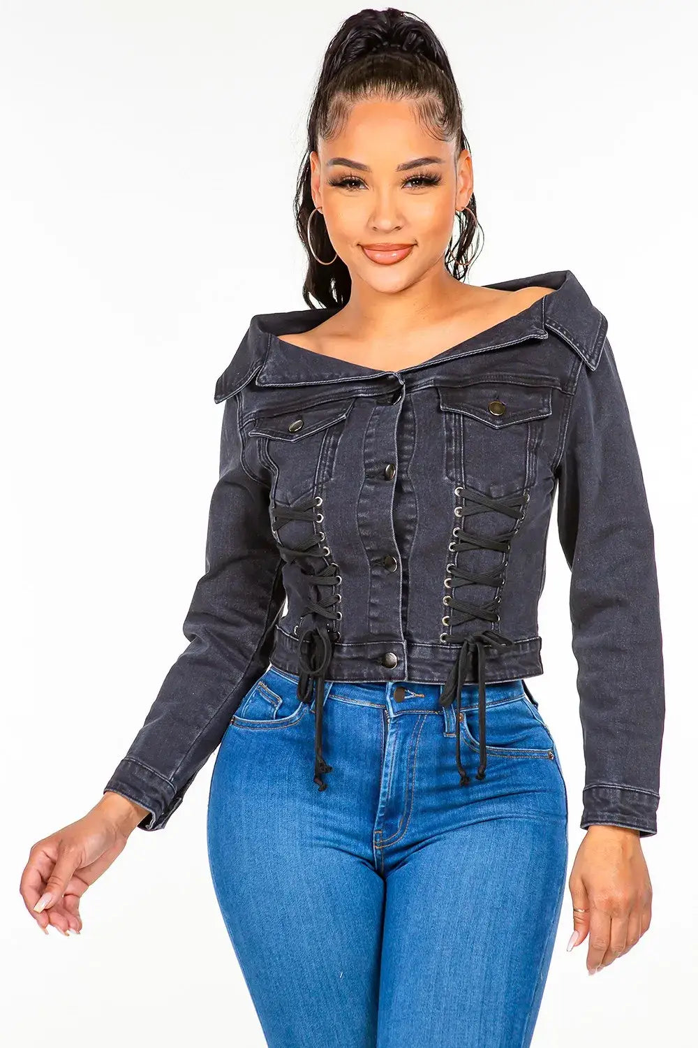American Bazi Off Shoulder Lace Up Denim Jacket - Black / S