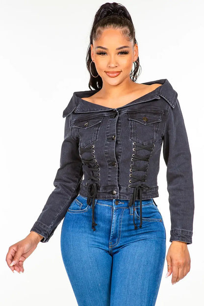 American Bazi Off Shoulder Lace Up Denim Jacket - Black / S