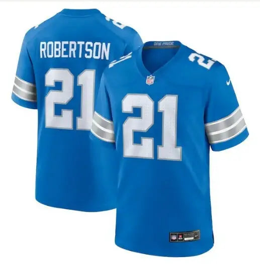 Blue Detroit Lions Nike Game Jersey with white numbers and name for Amik Robertson