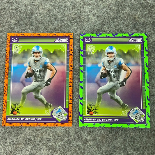 Halloween-themed football trading cards featuring Amon-Ra St. Brown from Detroit Lions 2024 set