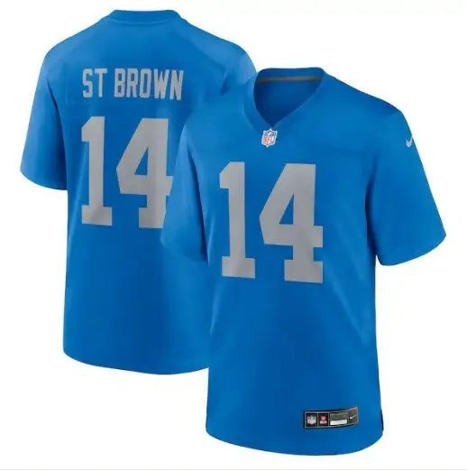 Blue Detroit Lions Amon-Ra St. Brown Nike Alternate Game Jersey with silver ST BROWN and 14