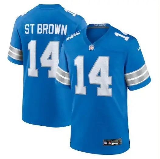 Blue NFL Detroit Lions Amon-Ra St. Brown 14 jersey displayed in product image